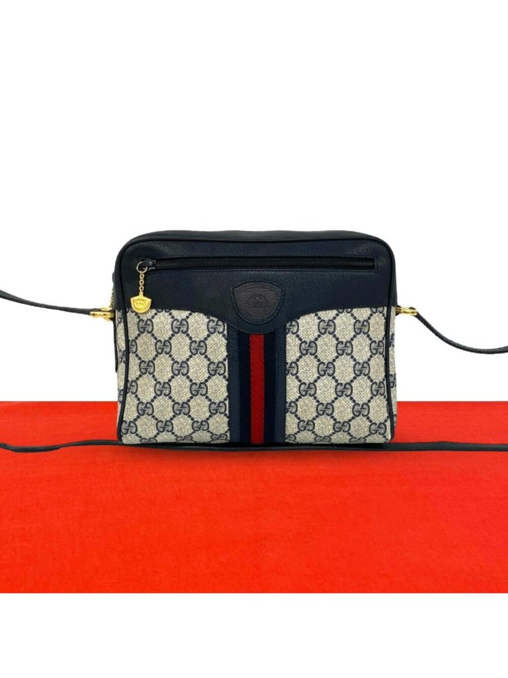 Gucci Vintage Sherry Line GG Pattern Leather Shoulder Bag Pochette Navy